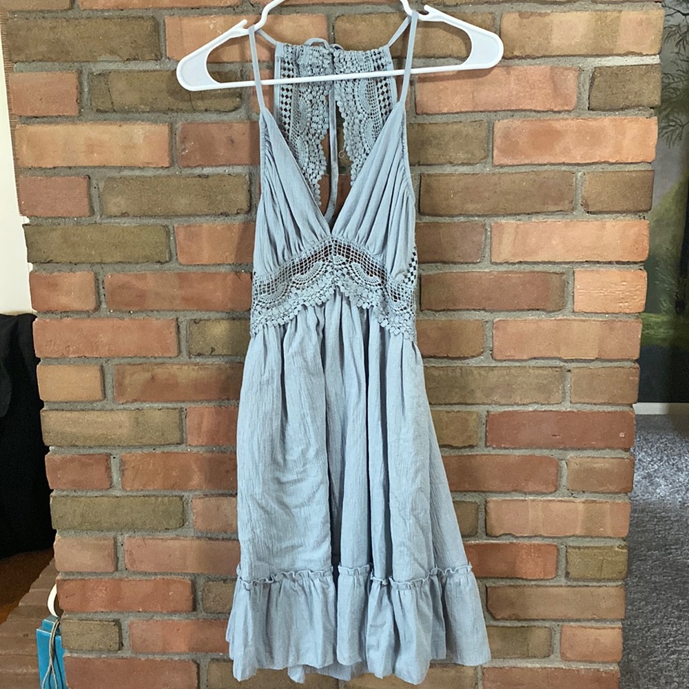 Women's V-Neck Spaghetti Strap Backless Floral Lace Mini Skater Dress - Medium